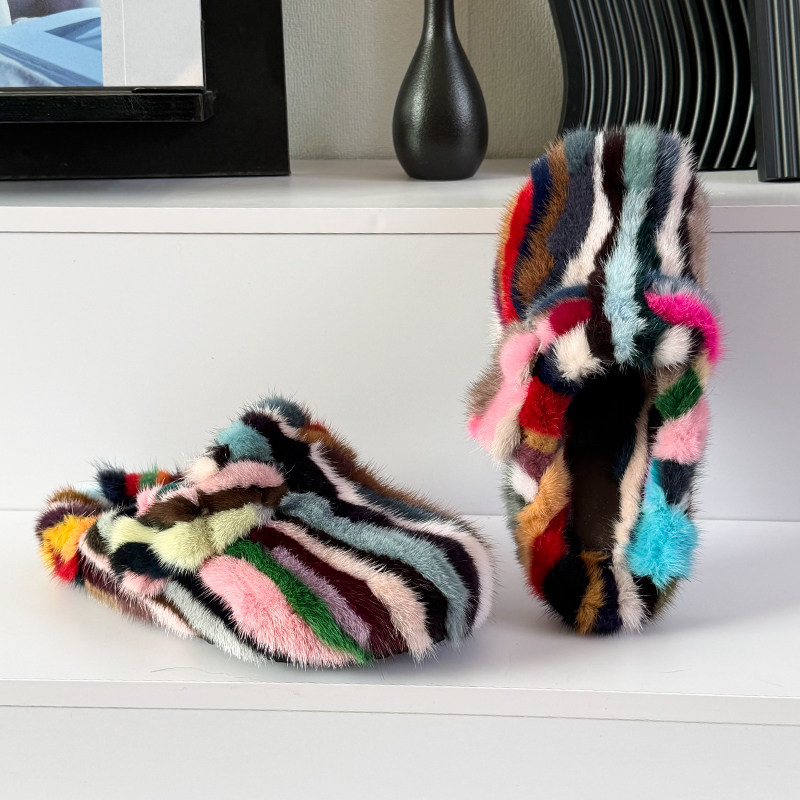 Women Shoes Mules - Damen-Mules und Clogs, Nerzfell-Hausschuhe, Winter-Damenpantoffeln, Farbblockierende