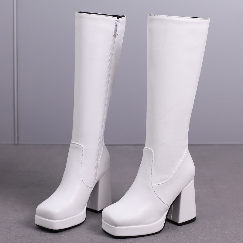 Zip Up Boots Short - Weiße kniehohe Stiefel für Damen, Plattform