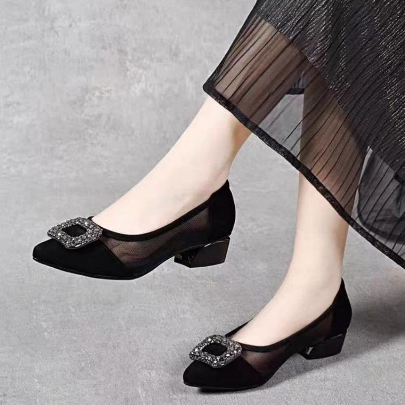 Women Shoes Model - Elegante Spitze Mesh-Pumps mit Blockabsatz, Strass-Quadratschnalle